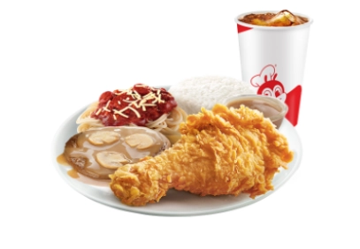 1 - pc. Chickenjoy with Burger Steak & Half Jolly Spaghetti Super Meal