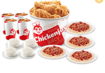 CHICKENJOY BUCKET WITH RICE, JOLLY SPAGHETTI, & DRINKS